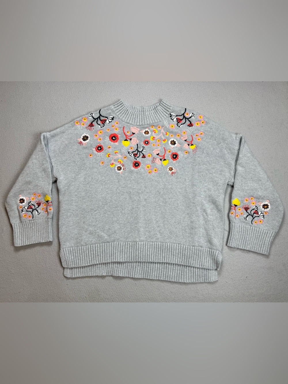 Boden Women’s Floral Embroidered Crew Neck Knit Sweater In Grey Size 16/18